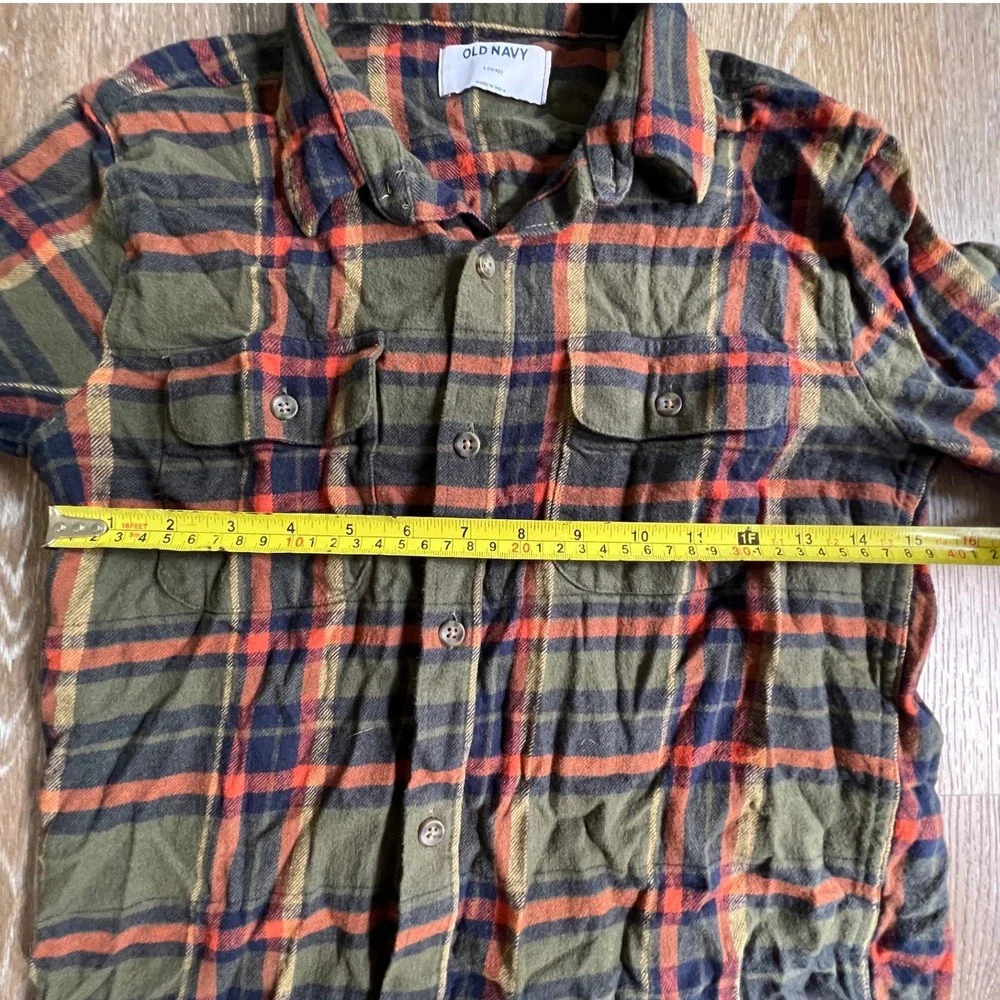 Old Navy Flannel Shirt Kids Size L 10-12 Olive Green Orange Plaid Button Down